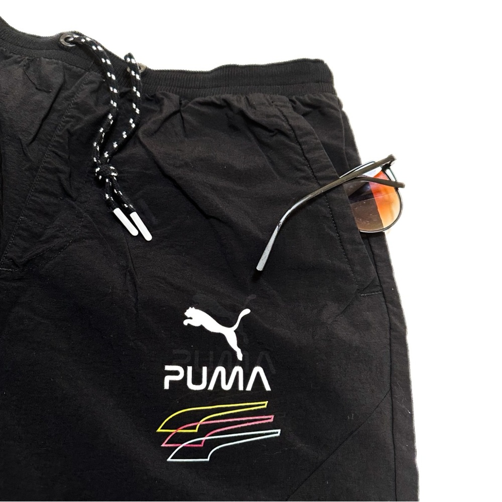 5/$50 Puma Black Retro Futuristic Windpants Logo Embellished Track Suit Pants